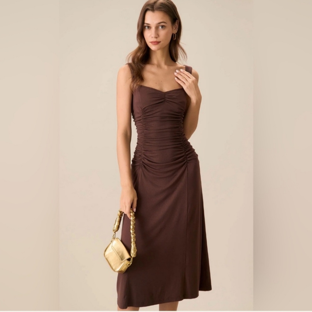 NWT Rihoas Women's Coffee Ruched Knitted Slip Midi Dress, Sz Medium